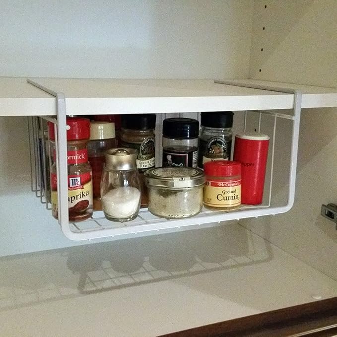 Modern Home Under Shelf Wire Storage Baskets – Hanging Organizer Rack for Cabinet, Pantry, or Closet – White Metal Basket for Kitchen, Towels, or Office – No Tools Required (Set of 4 19")