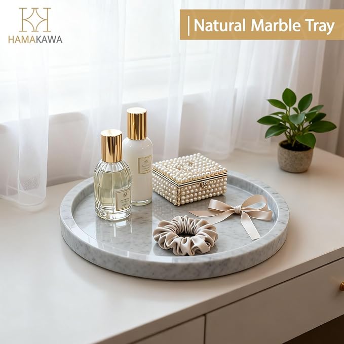Natural Marble Bathroom Vanity Tray, Large Round Sink Tray 9.5 inch, Carrara White Limestone Dresser Tray, Modern Countertop Organizer for Soap Dispenser, Kitchen Counter, Home Decor