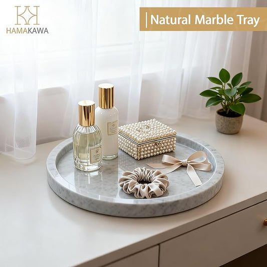 Natural Marble Bathroom Vanity Tray, Large Round Sink Tray 9.5 inch, Carrara White Limestone Dresser Tray, Modern Countertop Organizer for Soap Dispenser, Kitchen Counter, Home Decor