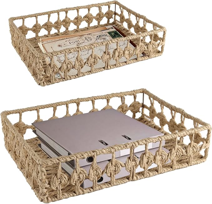 2 Pack File Folders Organizer,Woven Storage Basket for Folders,Mail,Letter,Office Supplies Desk Accessories for Women,Paper Letter Tray Desk Organizer,Stackable File Storage Desktop Organizer