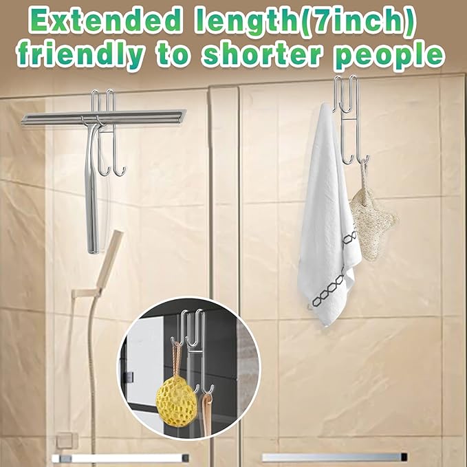Cerbonny Shower Door Hooks, 2 Pack Extended Double Towel Hooks for Bathroom Frameless Glass Shower Door, Heavy Duty Stainless Steel Bathroom Hanger Without Perforation