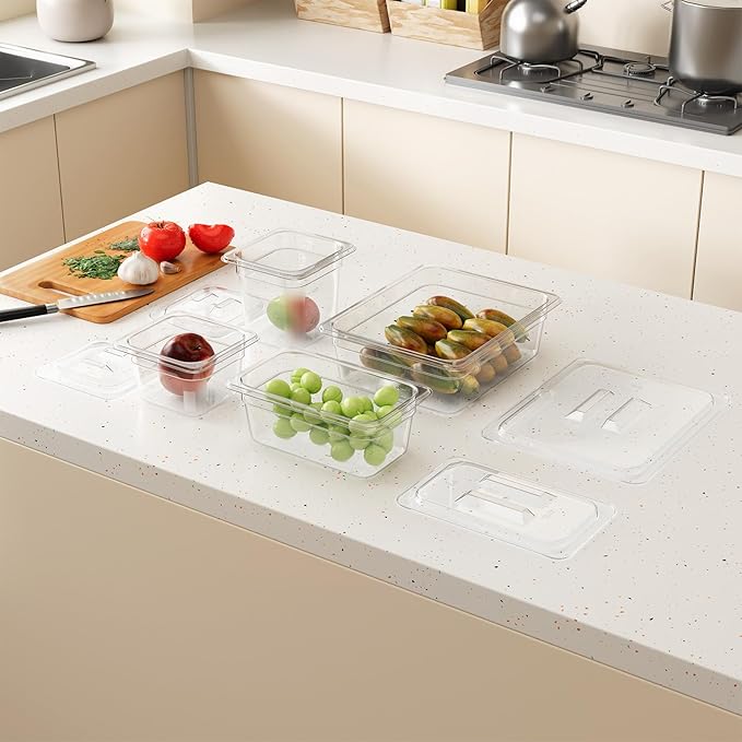 FORITRUE 1/4 4'' 6 Pack Plastic Food Pans With Lids, Clear Food Pan, Commercial Stackable Polycarbonate Freezer-Safe for Fruits Vegetables Restaurant Kitchen