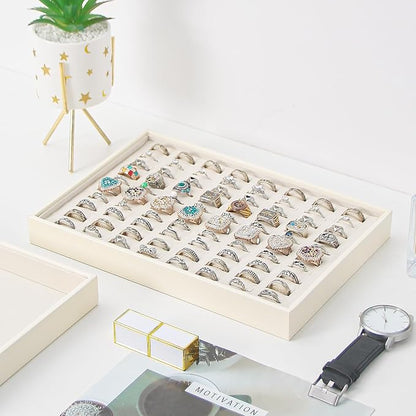 Stackable Jewelry Organizer Tray For Drawers,White Leather Small Earring Storage Tray,Bracelet And Necklace Display Box,Jewelry Ring Display Case (Creamy White 80 Grids Ring)