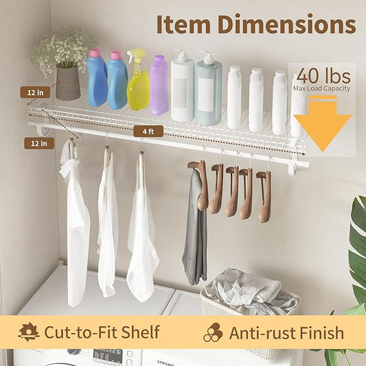 Closet Shelves Wall Mounted with Hanging Rod, 2 Pack 4 ft x 12 in White Wire Shelving Kit, Metal Wall Shelf Organizer for Home, Pantry, Laundry Room Storage