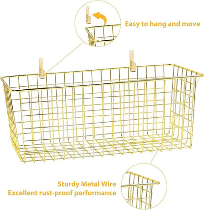 2 Sets Extra Large Hanging Wall Basket, Gold Metal Wire Baskets with Steel Hooks for Organizing, WallmountedFruit Vegetable Toy Snack Storage, Home Kitchen Bathroom Laundry Pantry Organizer