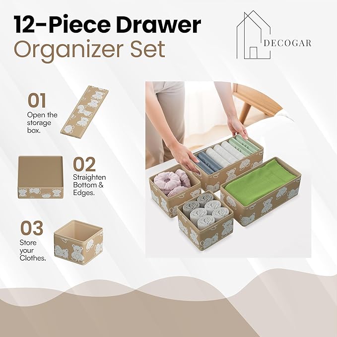 Drawer Organizer – 12 Pack Foldable Light Brown Fabric Storage Bins with White Bears | Baby Clothes, Diapers, Towels, Socks & Toys Organizer for Nursery, Dresser, Closet & Bedroom