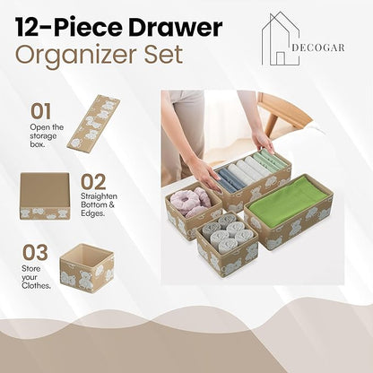 Drawer Organizer – 12 Pack Foldable Light Brown Fabric Storage Bins with White Bears | Baby Clothes, Diapers, Towels, Socks & Toys Organizer for Nursery, Dresser, Closet & Bedroom