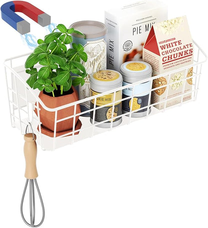 1-Pack Magnetic Spice Rack for Refrigerator, Versatile Magnetic Shelf Organizer with 1 Hooks for Kitchen Storage, Large Capacity Spice Rack for Fridge, Oven, or Cabinet - White