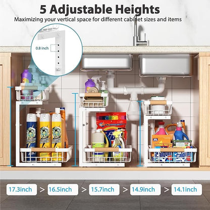 Under Sink Organizer 2 Pack, 2 Tier Slide Out Large Capacity Height Adjustable Under Sink Organizers and Storage for Kitchen Bathroom Cabinet, White