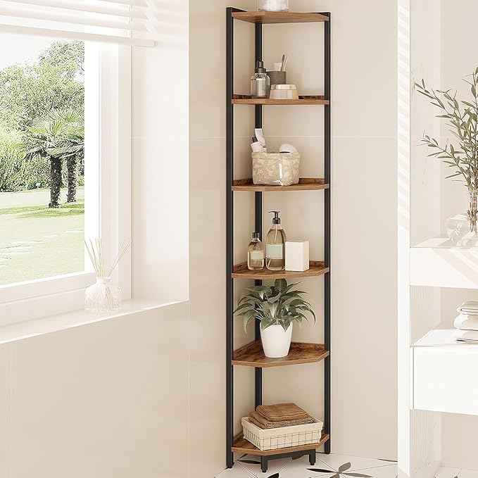 Corner Shelf Stand, Corner Bookshelf, Storage Standing Shelf Unit with Metal Frame, Plant Stand, Corner Bookcase for Living Room, Home Office, Bedroom, 6-Tier Rustic Brown CS06001B