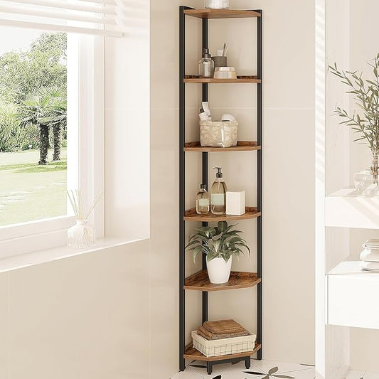 Corner Shelf Stand, Corner Bookshelf, Storage Standing Shelf Unit with Metal Frame, Plant Stand, Corner Bookcase for Living Room, Home Office, Bedroom, 6-Tier Rustic Brown CS06001B