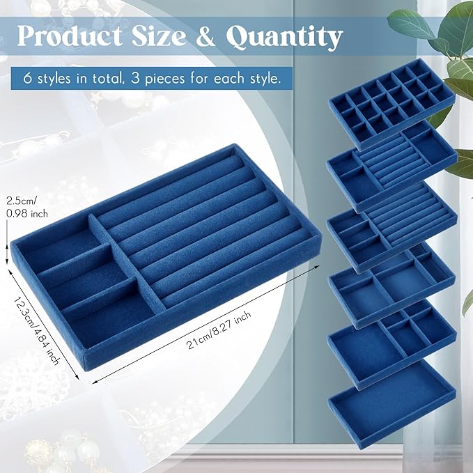 Junkin 18 Pcs Velvet Jewelry Tray Stackable Jewelry Drawer Organizer Jewellery Box Divided Display Tray for Earring Bangle(Peacock Blue)