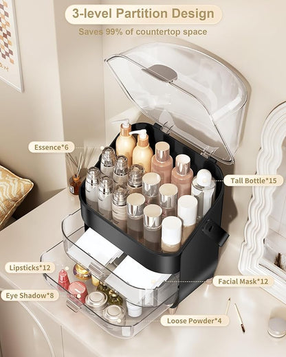 Makeup Organizer Countertop, Skincare Holder Bathroom Counter Organizer, Storage Box Cosmetic Display Cases, Teen Girl Gifts Make up Organizers for Vanity, Dresser (Black)