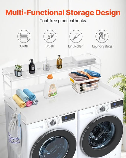 VEVOR Washer Dryer Countertop with 2-Tier Shelf, 54" x 27" Wooden Washer and Dryer Countertop with Anti-Slip Pads, Water-Resistant Laundry Topper Cover for Laundry Room Organization and Storage, White