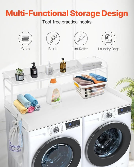 VEVOR Washer Dryer Countertop with 2-Tier Shelf, 54" x 27" Wooden Washer and Dryer Countertop with Anti-Slip Pads, Water-Resistant Laundry Topper Cover for Laundry Room Organization and Storage, White