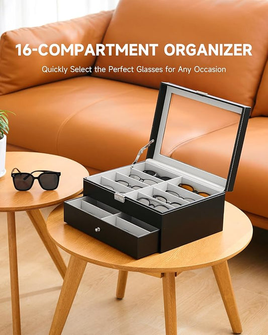 CO-Z Sunglasses Organizer, Leather Eyeglasses Storage Box for Women Men, Lockable Sunglass Display Case Holder with Drawer
