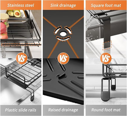 PureBox extendable Dish Drying Rack for Kitchen Counter,escurridor de platos,Metal Dish Strainer with Utensil Holder and Drainer (Black)