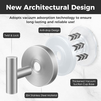 WingWider Shower Hooks for Inside Shower,No-Drill Removable&Reusable Towel Hooks for Bathroom,Heavy Duty Suction Cup Hooks for Glass Window,2 Packs(Silver)