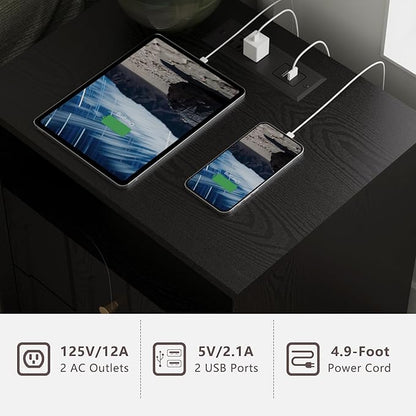 FORTUNETEC Nightstand with Charging Station, Modern Nightstand with Arched Design, Minimalist End Table with Wood Grain Texture, Bedside Table for Bedroom Living Room Sofa Office, Black