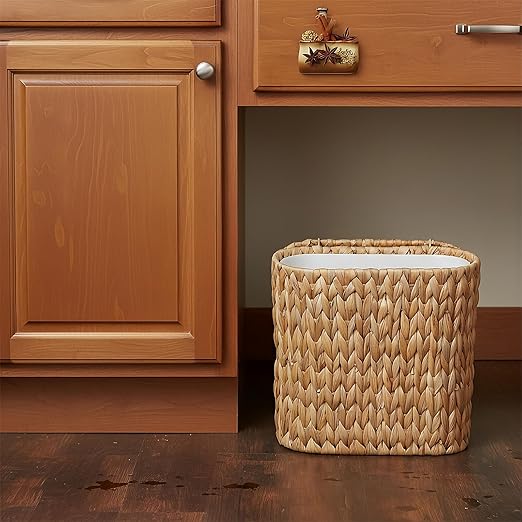 3 Gallon Wicker Trash Can with Lid and Liner,Small Bathroom Trash Cans,Woven Rattan Narrow Waste Basket for Bedroom,Home Office,Natural Water Hyacinth