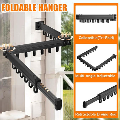 Black Laundry Space Saver Wall Mounted (Tri-Fold) | Only Punch Installation Tools Provided | Retractable, Collapsible | Clothes Drying Rack