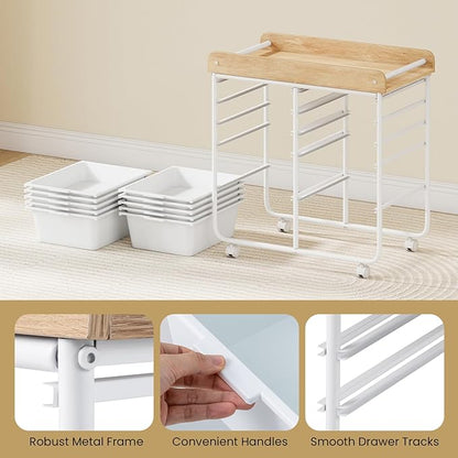 GOFLAME 10-Drawer Rolling Storage Cart, Craft Storage Cart with Wooden Tabletop, Lockable Wheels and Handles, Art Cart Supply Storage Organizer with Metal Frame for Home Office Classroom, White