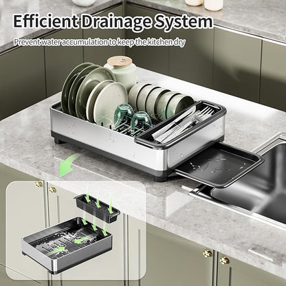 Ewaiira Dish Drying Rack, 304 Stainless Steel Dish Racks for Kitchen Counter, Dish Drainers with Automatic Drainage, Utensil Holder & Cups Holder, Space Saving Kitchen Organizer (1-Tier Silver)