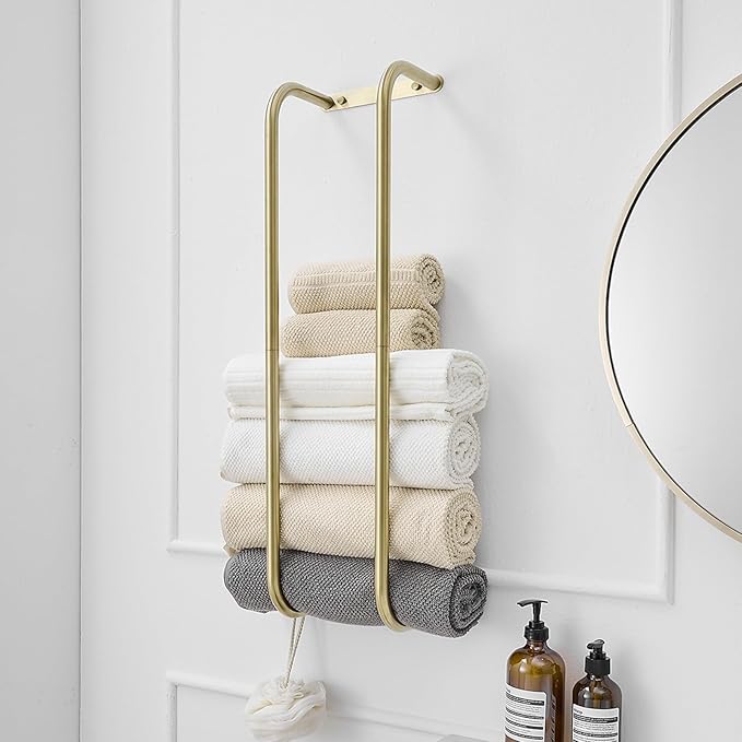 BWE Brushed Gold Towel Racks for Bathroom, Stainless Steel Towel Holder for Rolled Towels, Wall Mounted Bathroom Towel Storage Holds Up 6 Large Bath Sheets, with 2 Hooks