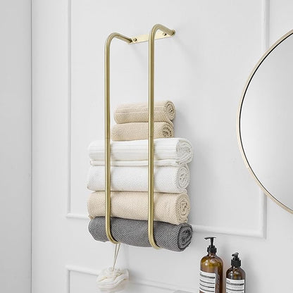 BWE Brushed Gold Towel Racks for Bathroom, Stainless Steel Towel Holder for Rolled Towels, Wall Mounted Bathroom Towel Storage Holds Up 6 Large Bath Sheets, with 2 Hooks