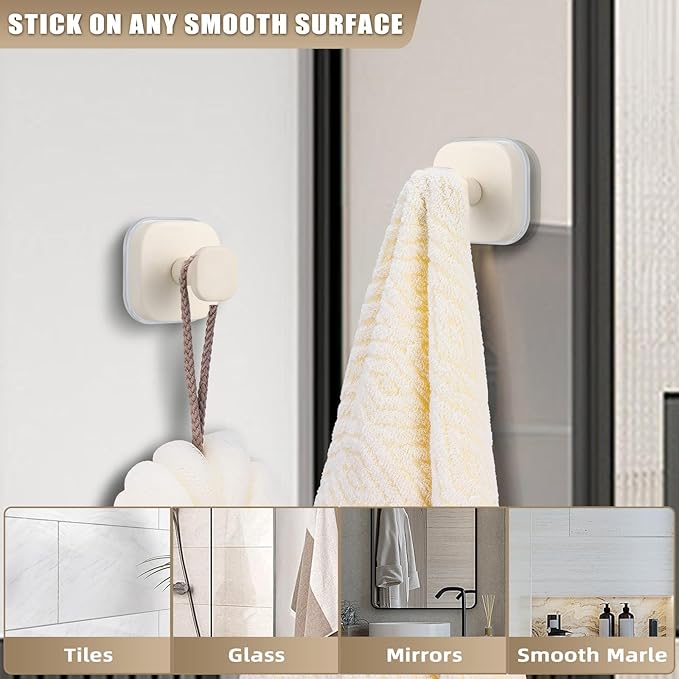 Fenas No-Drill Reusable Suction Cup Hooks, Towel, Robe, Loofah, Coat Hook for Glass, Mirror, Tile, Shower, Bathroom, Kitchen & Metal (Smooth, Non-Porous Surfaces) (4, Milk White)