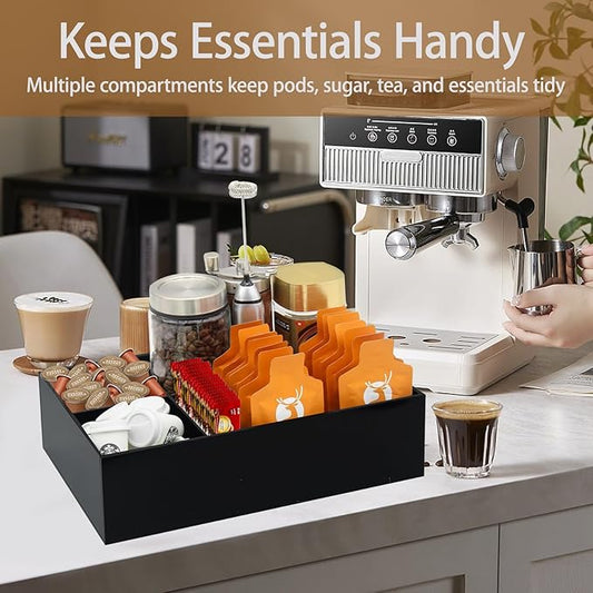 Coffee Station Organizer for Countertop, Removable Dividers Coffee Bar Accessories for Storage Sugar Packets Tea Bags, Black