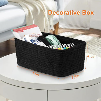 Small Storage Baskets for Organizing, Woven Storage Bins for Shelves, Gift Basket Empty, Cute Decorative Closet Organizer, Baby Rope Basket, Dog Toy Storage, 11x7.5x4.5”, 3Packs Black