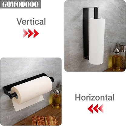 Black Paper Towel Holder Under Cabinet,Wall Mount Self Adhesive Paper Towel Rack for Kitchen,Stainless Steel hanging Paper Towel Rolls Holder,No more worrying about the paper roll falling off