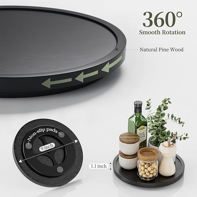LAMU 9'' Wood Lazy Susan Organizer Turntable for Cabinet, Lazy Susan for Table Top, Pantry, Kitchen, Bathroom, Countertop, Rotating Spice Organizer, Vanity Decor Tray, Pine Wood, Black