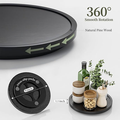 LAMU 9'' Wood Lazy Susan Organizer Turntable for Cabinet, Lazy Susan for Table Top, Pantry, Kitchen, Bathroom, Countertop, Rotating Spice Organizer, Vanity Decor Tray, Pine Wood, Black