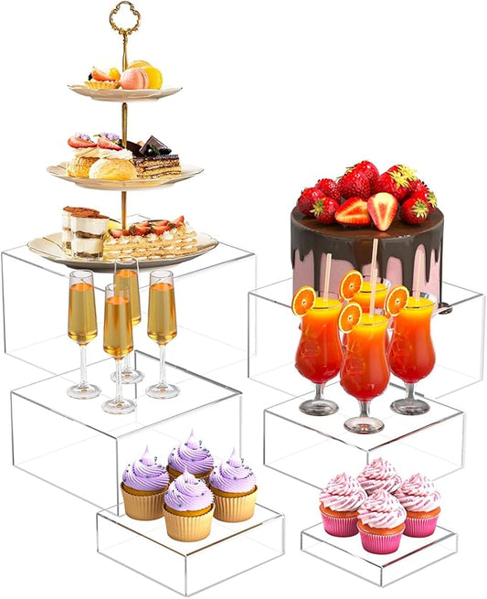 SILUT 6PCS Buffet Risers and Stands, Food Risers for Buffet Table, Catering Cake Stand for Party, Clear Display Riser for Collectibles, Acrylic Cube Boxes, Nesting Risers, Clear (5"x6"x7"8"x9"x10")