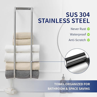 BWE Brushed Nickel Towel Racks for Bathroom, Stainless Steel Towel Holder for Rolled Towels, Wall Mounted Bathroom Towel Storage Holds Up 6 Large Bath Sheets, with 2 Hooks