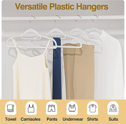 UEAKPIC Plastic Hangers 50 Pack, 16.5 in Heavy Duty Clothes Hangers with 360° Swivel Hook, Non-Slip Bar & 0.2" Ultra-Slim Space-Saving Closet Organizers for Coats, Pants, Suits, Shirts, White