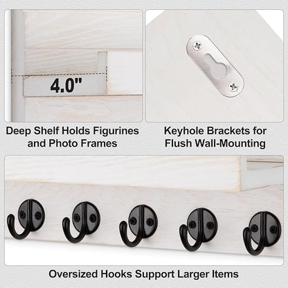 Key Holder Wall Mount, Entryway Key and Mail Holder with 7 Sturdy Hooks for Sunglasses, Dog Leash, Decorative Wall Shelf with Mounting Hardware, 15”W x 6.7”H x 4.2”D