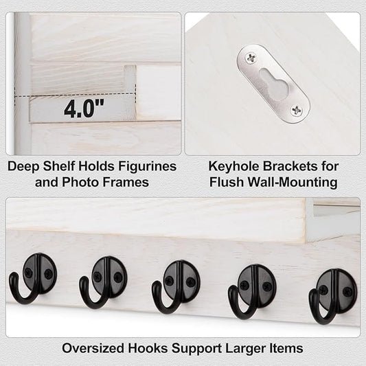 Key Holder Wall Mount, Entryway Key and Mail Holder with 7 Sturdy Hooks for Sunglasses, Dog Leash, Decorative Wall Shelf with Mounting Hardware, 15”W x 6.7”H x 4.2”D