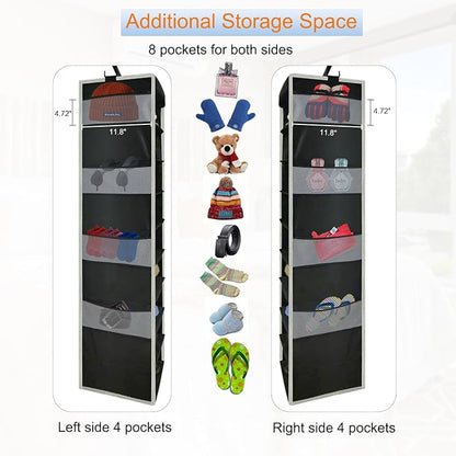 Large-Sized Hanging Shoe Organizer 10-Shelf, Sturdy Hanging Closet Organizer with 8 Side Pockets, Wider Hanging Shelves for Storage Shoes Clothes Jeans Shirts Toys, Black