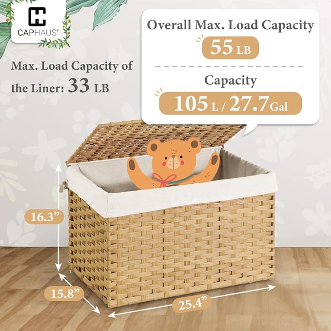 CAPHAUS Handwoven Storage Basket w/Lid and Handles, 2 Removable Liner Bags, Foldable Clothes Basket for Laundry, Large Synthetic Rattan Laundry Basket w/Lid, Laundry Basket w/Lid, 105L, Natural