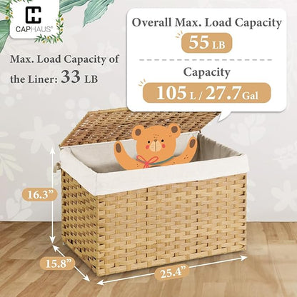 CAPHAUS Handwoven Storage Basket w/Lid and Handles, 2 Removable Liner Bags, Foldable Clothes Basket for Laundry, Large Synthetic Rattan Laundry Basket w/Lid, Laundry Basket w/Lid, 105L, Natural