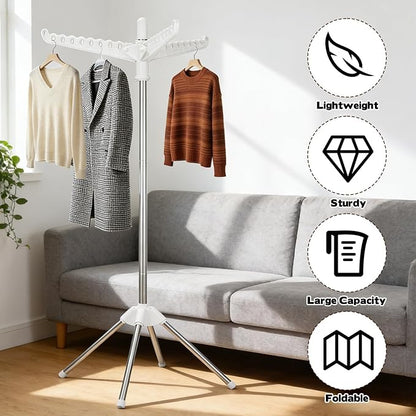 Rotatable and Foldable Clothes Drying Rack 59 Inch Laundry Drying Tree with 27 Hanging Holes, Space-Saving 4-Legged Free Standing Hanger Stand for Indoor, Balcony and Laundry Room