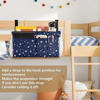 CuwrYet Bedside Caddy Hanging Bunk Bed Caddy Bed Organizer Hanging Pocket with 2 Hooks Bedside Storage Organizer Pocket Bag Holder Stars Dark Blue