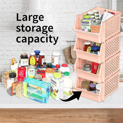 TidyFriend Stackable Storage Bins for Pantry, 4 Pack Stackable Bins For Organizing Food, Kitchen, and Bathroom Essentials (Cream)