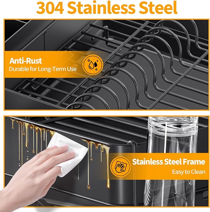 Urackify Dish Rack for Kitchen Counter, 304 Stainless Steel Dish Drying Rack, Expandable Dish Drainer, Foldable Kitchen Storage Organizer with Cutlery Holder, Plate Rack, Black
