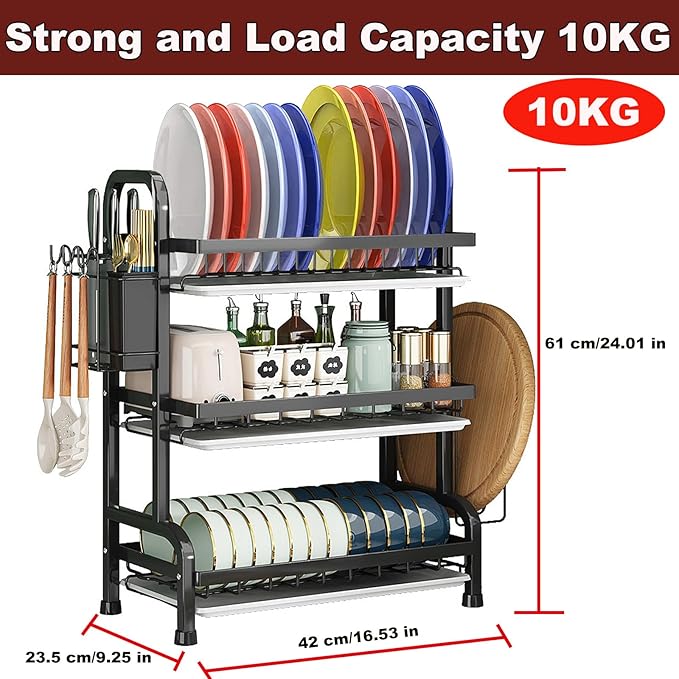 YTCYKJ Dish Drying Rack,Dish Racks Drainer,Over The Sink Dish Drainer Drying Rack 3 Tier with Drain Tray,Chopsticks Rack,Knife Holder