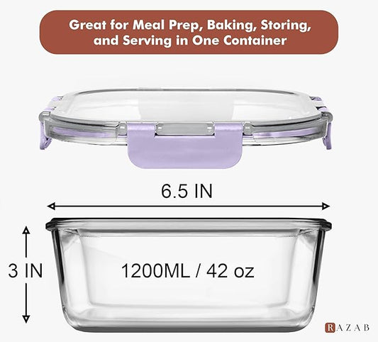 Razab 2 PC 1200ML / 41 Oz Glass Food Storage Containers with Lids - Airtight & Leakproof - Microwave/Oven/Freezer Safe - BPA Free - Ideal for Meal Prep, Storing Leftover & Lunch