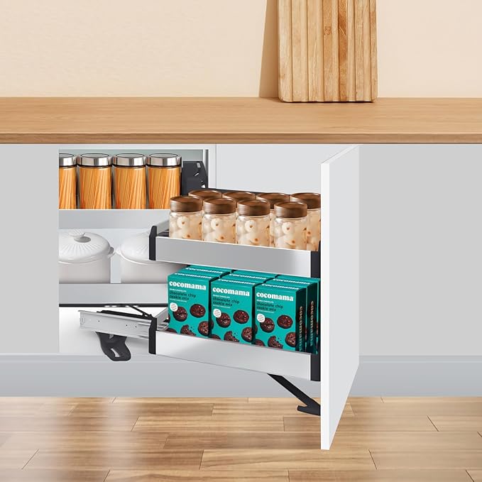 QIANMOON Kitchen Corner Cabinet Pull Out, Magic Pull Out Open, 2 Tiers Swing Tray, Blind Corner Soft Close, for Place Pots and Pans, Containers, Spice Jars